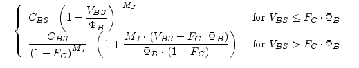 $\displaystyle = \begin{cases}\begin{array}{ll} C_{BS}\cdot \left(1 - \dfrac{V_{...
...)}\right) & \textrm{ for } V_{BS} > F_{C}\cdot \Phi_{B} \end{array} \end{cases}$