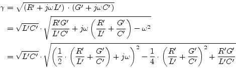 \begin{displaymath}\begin{split}\gamma &= \sqrt{\left(R' + j\omega L'\right)\cdo...
...L'} + \dfrac{G'}{C'}\right)^2 + \dfrac{R'G'}{L'C'}} \end{split}\end{displaymath}